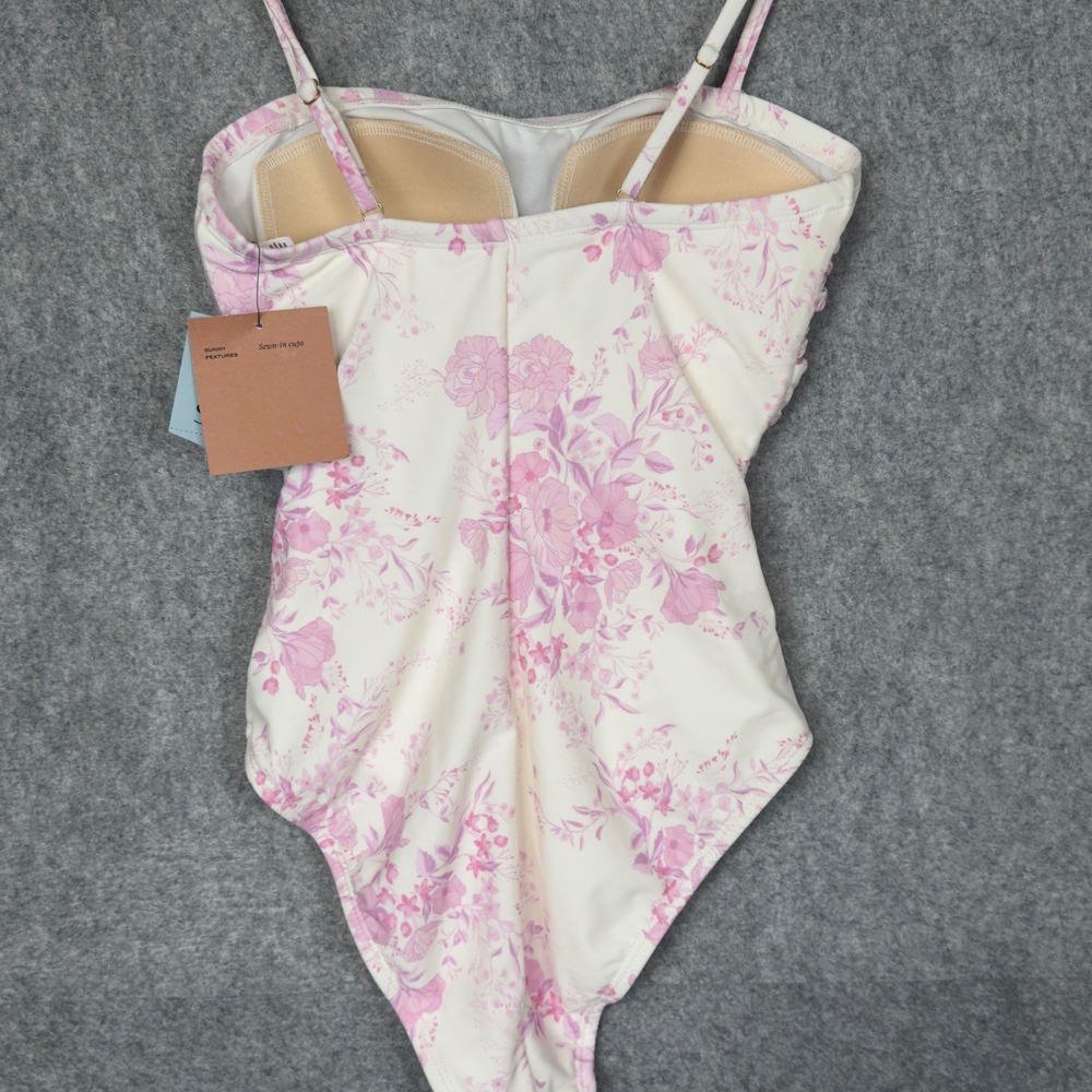 Shade & Shore One Piece Swimsuit Women S Pink NWT Floral Ruched Toile Strappy - Picture 2 of 7